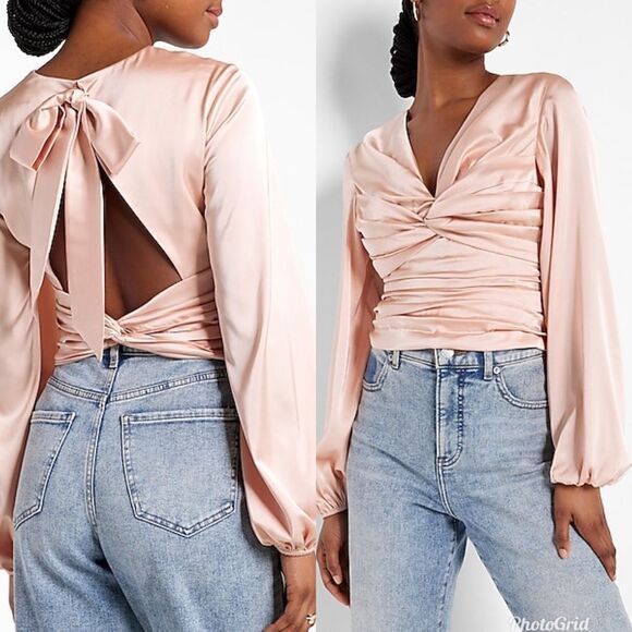 Express Twist Front Tie Back Top in Pale Pink - Picture 1 of 7